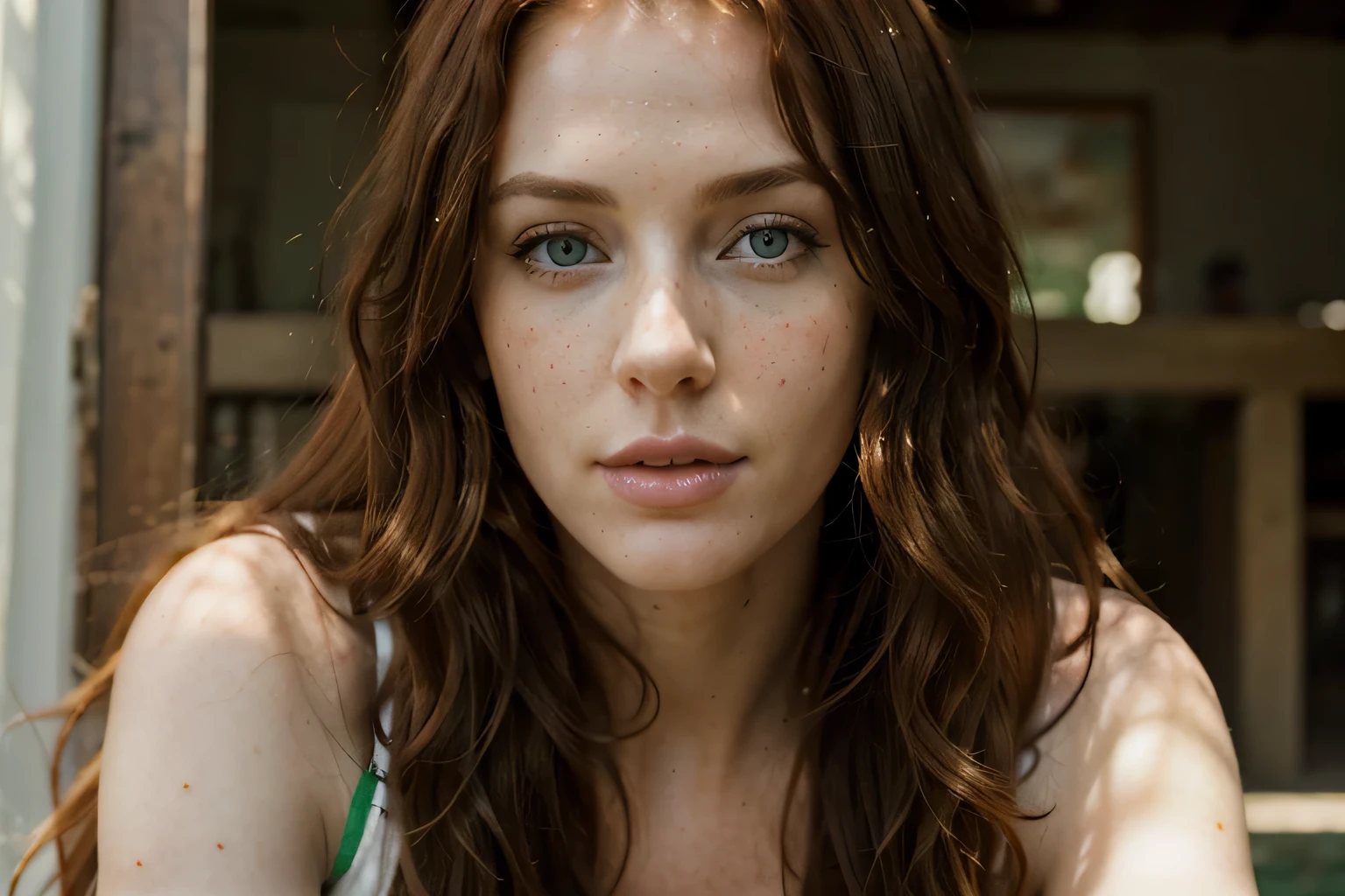 ultra detailed photo of a 30 years old beautiful woman,long wavy redhead hair , thin pointy nose, ultra detailed face, beautiful big dark and light green eyes ,big eyelashes, no makeup, suntan, slender, nude, busty, on all fours, warm natural color, sad face, full body shot
