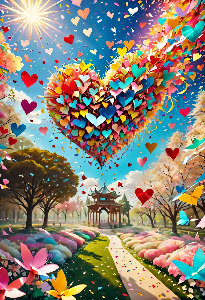 Colored confetti:1.5，Colored confetti flying in the sky，Floating confetti fills the sky，The garden is littered with confetti，in scraps of paper，hyper detailed masterpiece, Dynamic, good quality,Floating Extra Large Ethereal Colorful Heart DonMW15pXL