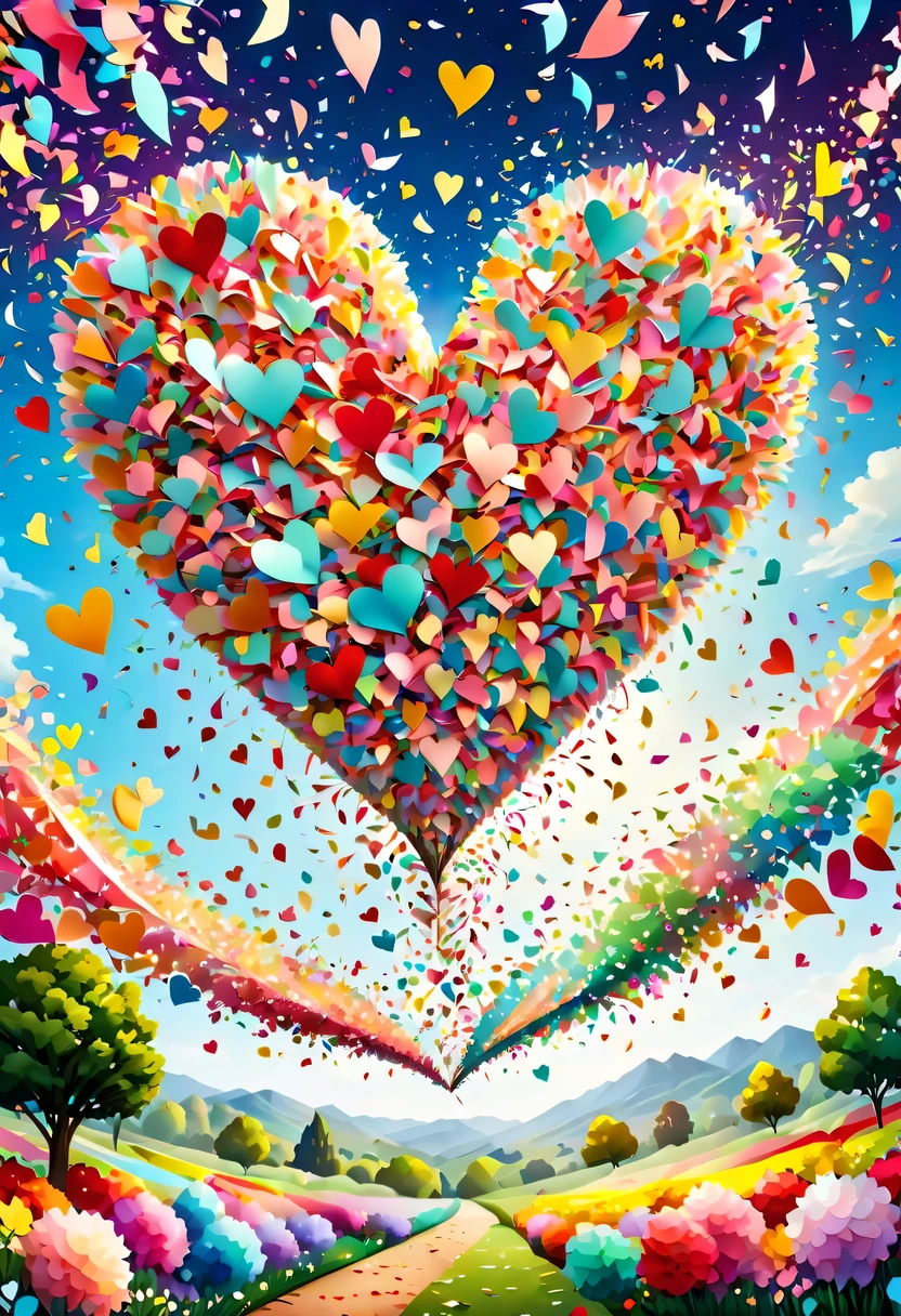 Colored confetti:1.5，Colored confetti flying in the sky，Floating confetti fills the sky，The garden is littered with confetti，in scraps of paper，hyper detailed masterpiece, Dynamic, good quality,Floating Extra Large Ethereal Colorful Heart DonMW15pXL