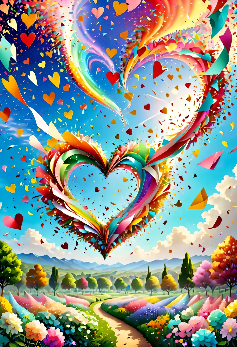 Colored confetti:1.5，Colored confetti flying in the sky，Floating confetti fills the sky，The garden is littered with confetti，in scraps of paper，hyper detailed masterpiece, Dynamic, good quality,Floating Extra Large Ethereal Colorful Heart DonMW15pXL