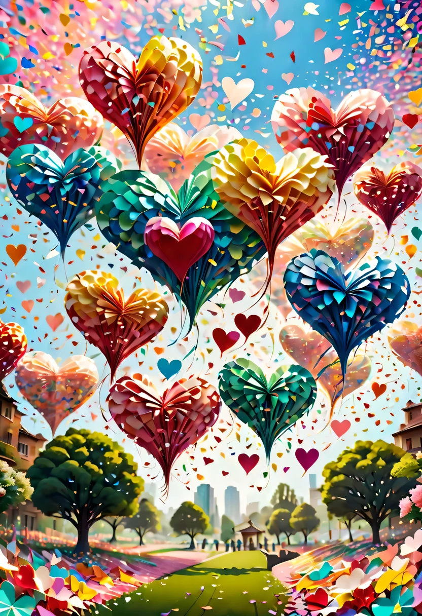 Colored confetti:1.5，Colored confetti flying in the sky，Floating confetti fills the sky，The garden is littered with confetti，in scraps of paper，hyper detailed masterpiece, Dynamic, good quality,Floating Extra Large Ethereal Colorful Heart DonMW15pXL