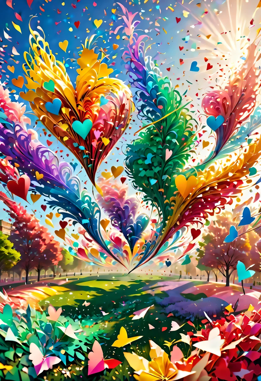 Colored confetti:1.5,Colored confetti flying in the sky,Floating confetti fills the sky,The garden is littered with confetti,in scraps of paper,hyper detailed masterpiece, Dynamic, good quality,Floating Extra Large Ethereal Colorful Heart DonMW15pXL
