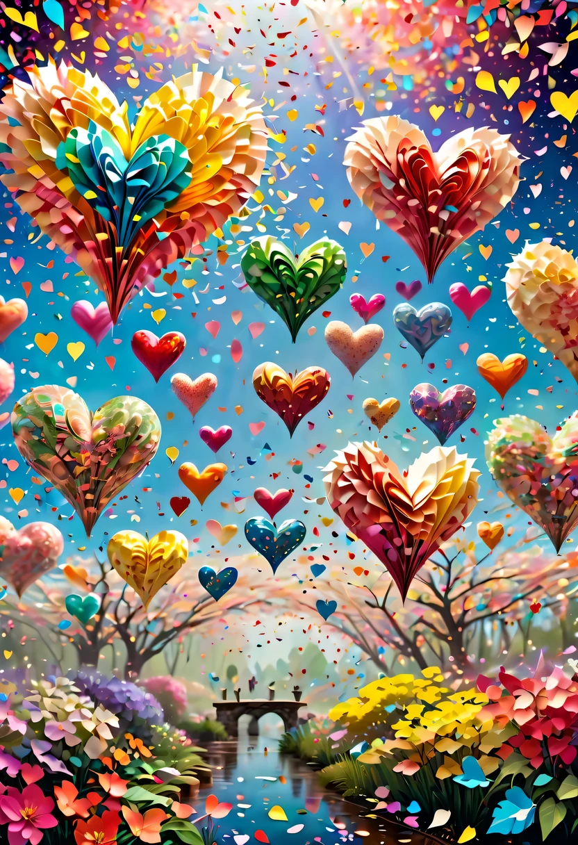 Colored confetti:1.5，Colored confetti flying in the sky，Floating confetti fills the sky，The garden is littered with confetti，in scraps of paper，hyper detailed masterpiece, Dynamic, good quality,Floating Extra Large Ethereal Colorful Heart DonMW15pXL