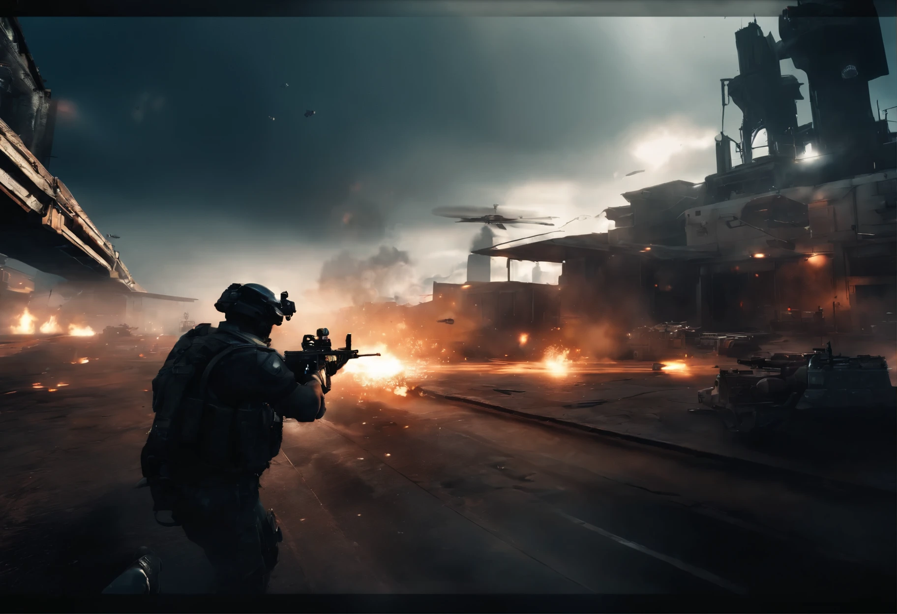 (Best Quality,4K,8K,hight resolution,masutepiece:1.2),Ultra-detailed,(Realistic,Photorealistic,Photorealsitic:1.37),Army combat uniform,a gas mask,Tactical Gear,Helmet Night Vision Scope,Airsoft guns,Urban Warfare,Camouflage pattern,Explosion and smoke,Action-packed scenarios,Gritty and intense atmosphere,War-torn cityscape,Apocalyptic setting,Illuminated night on a full moon night,Ominous dark clouds,Sharpshooter,Team of soldiers,Fast-paced combat,adrenaline rush,Close Combat,Debris and rubble,Destroyed buildings,Urban Tactics,Weapon attachments,Action movie atmosphere,high contrast lighting,Helicopter overhead,bombardment,Explosive barrel,Infrared Vision,Player vs. Player Combat,deserted street,Night infiltration,Stealth movement,Crouch and cover,Intense gunfire,Flying bullet casing,Adrenaline Rush Pumping Gameplay