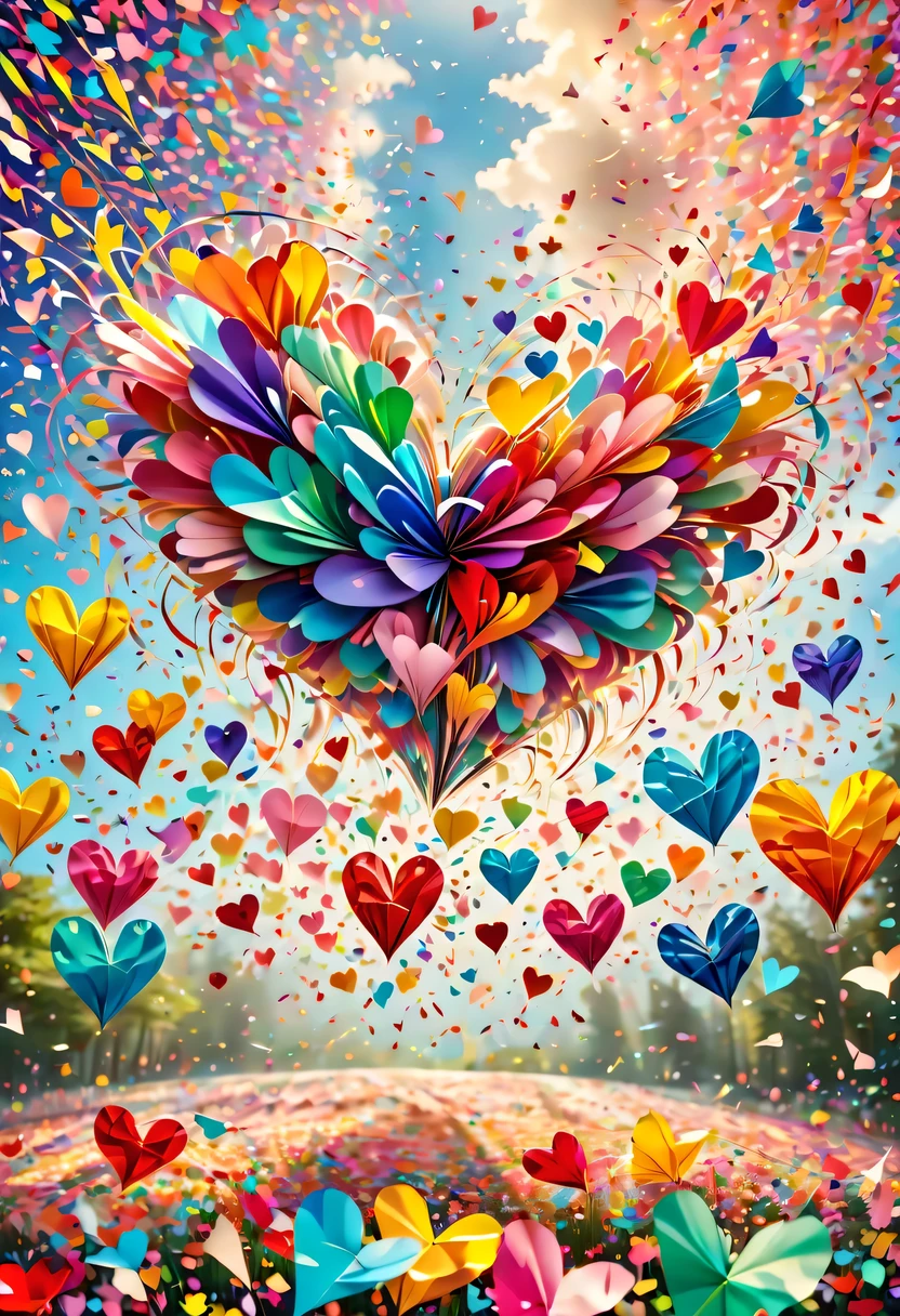 Colored confetti:1.5，Colored confetti flying in the sky，Floating confetti fills the sky，The garden is littered with confetti，in scraps of paper，hyper detailed masterpiece, Dynamic, good quality,Floating Extra Large Ethereal Colorful Heart DonMW15pXL