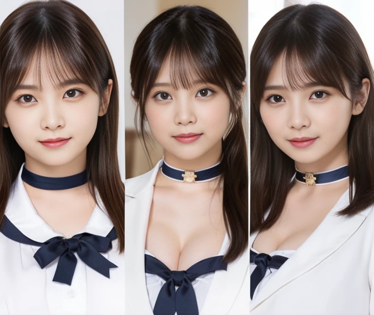 highest quality、masterpiece、photorealistic stick、professional lighting、detailed face、detailed eyes、beautiful girl、Young Woman Trio, big breasts女性トリオ、oriental, Idol, beauty, 19 years old, school uniform, smile、(big breasts:1.8、You can see beautiful cleavage、put on a choker、random hairstyle)、(random facial expressions)