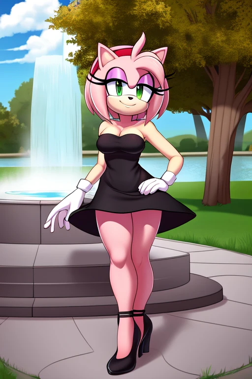 full body, Amy Rose, seductive, medium breast, bare shoulder, little black dress, strapless dress, skin-tight dress, black high heels, daytime, park background, smile, hand on hip, standing next to a water fountain, 2D illustration