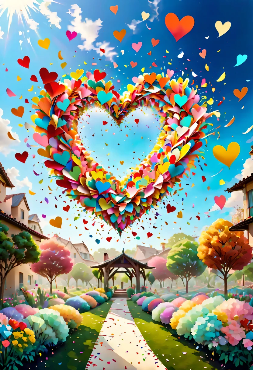 Colored confetti:1.5，Colored confetti flying in the sky，Floating confetti fills the sky，The garden is littered with confetti，in scraps of paper，hyper detailed masterpiece, Dynamic, good quality,Floating Extra Large Ethereal Colorful Heart DonMW15pXL