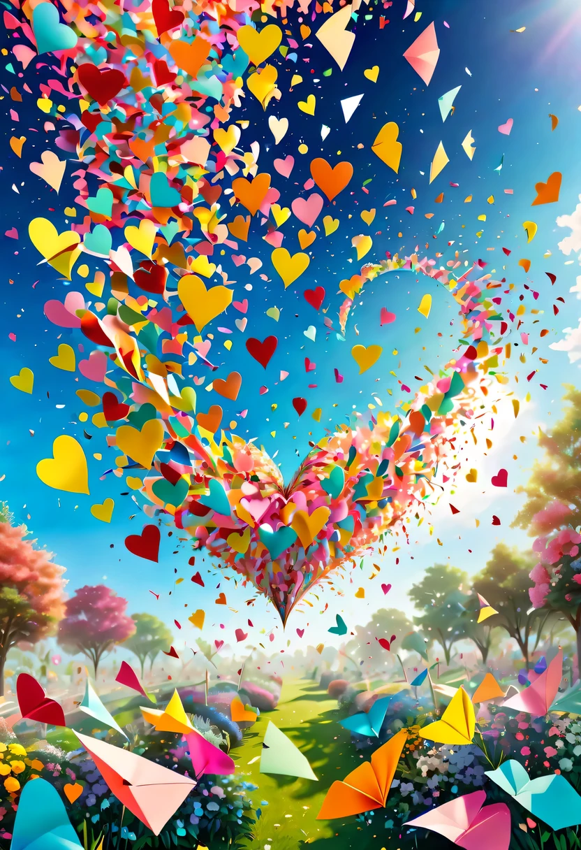 Colored confetti:1.5,Colored confetti flying in the sky,Floating confetti fills the sky,The garden is littered with confetti,in scraps of paper,hyper detailed masterpiece, Dynamic, good quality,Floating Extra Large Ethereal Colorful Heart DonMW15pXL