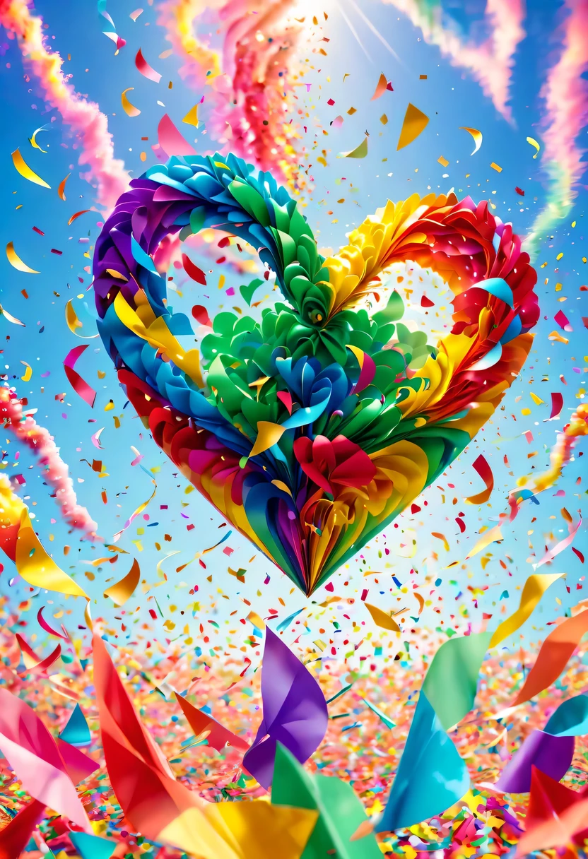 Colored confetti:1.5,Colored confetti flying in the sky,Floating confetti fills the sky,Confetti swirls and rises,hyper detailed masterpiece, Dynamic, good quality,Floating Extra Large Ethereal Colorful Heart DonMW15pXL