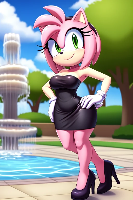 full body, Amy Rose, seductive, medium breast, bare shoulder, little black dress, strapless dress, skin-tight dress, black high heels, daytime, park background, smile, hand on hip, standing next to a water fountain, 2D illustration