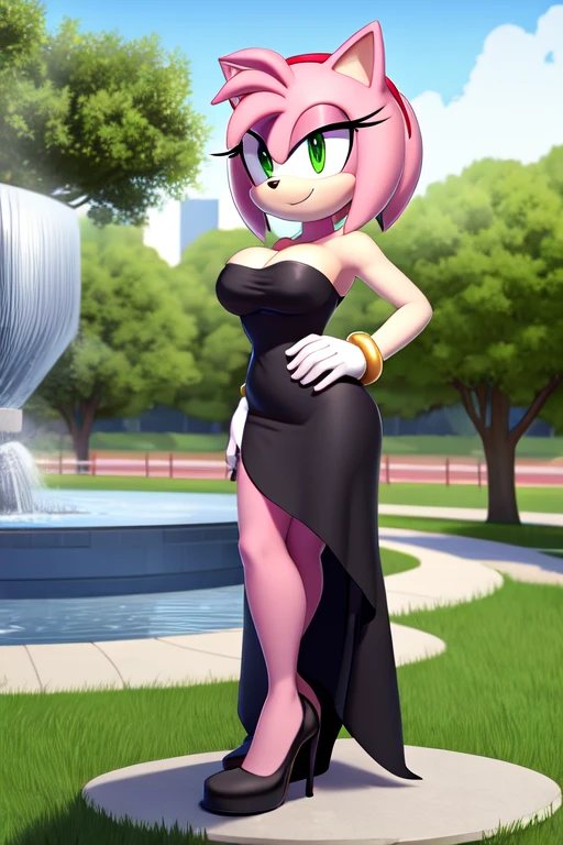 full body, Amy Rose, seductive, medium breast, bare shoulder, little black dress, strapless dress, skin-tight dress, black high heels, daytime, park background, smile, hand on hip, standing next to a water fountain, 2D illustration