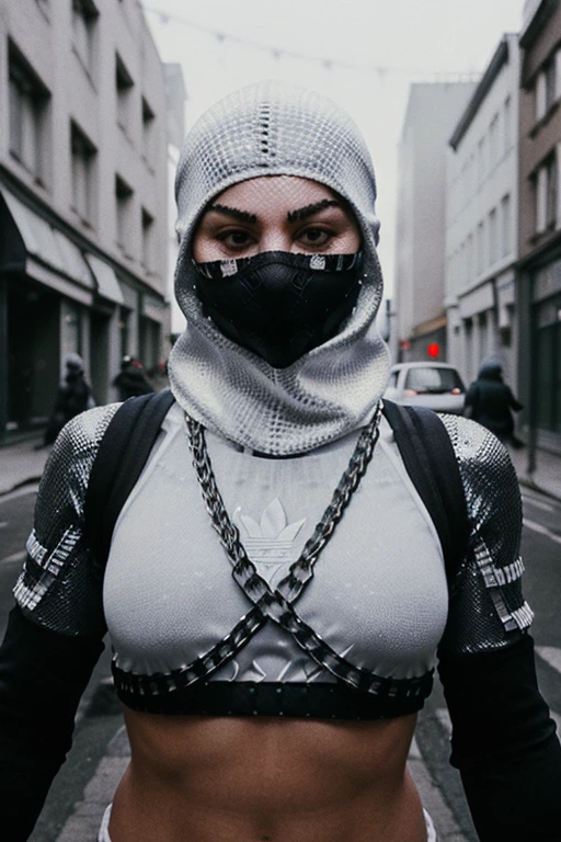 Metal chain mail balaclava from adidas. street hooligan. Graffiti. White blurry background. Soft light. Photorealism
