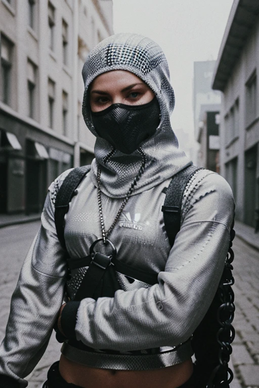 Metal chain mail balaclava from adidas. street hooligan. Graffiti. White blurry background. Soft light. Photorealism