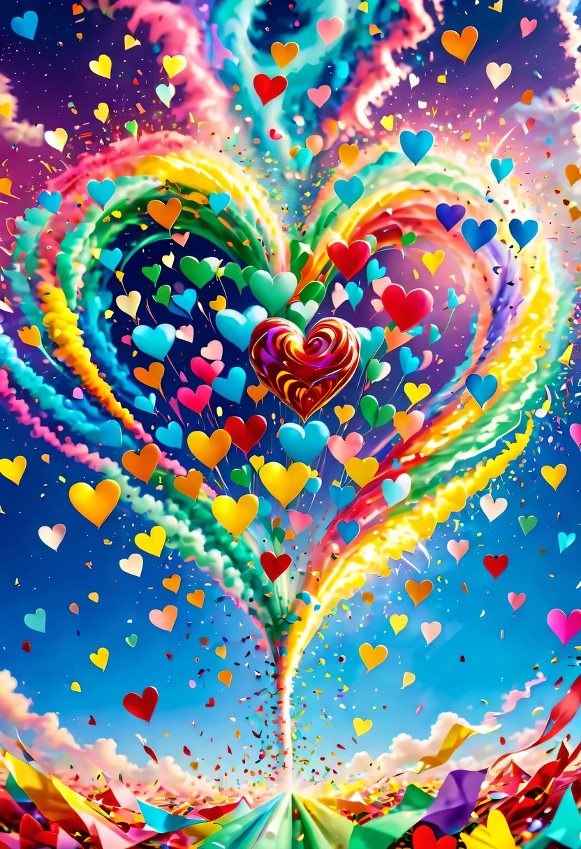 Colored confetti:1.5，Colored confetti flying in the sky，Floating confetti fills the sky，Confetti swirls and rises，hyper detailed masterpiece, Dynamic, good quality,Floating Extra Large Ethereal Colorful Heart DonMW15pXL