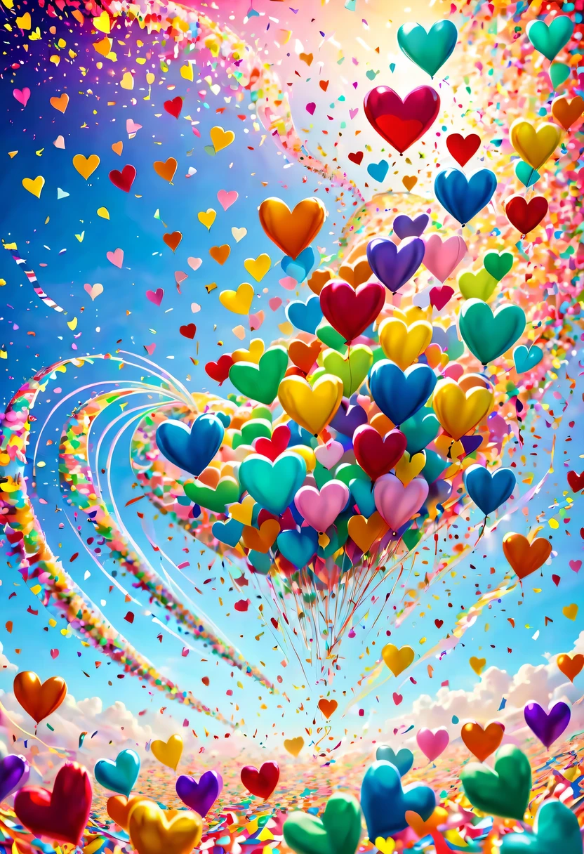 Colored confetti:1.5,Colored confetti flying in the sky,Floating confetti fills the sky,Confetti swirls and rises,hyper detailed masterpiece, Dynamic, good quality,Floating Extra Large Ethereal Colorful Heart DonMW15pXL