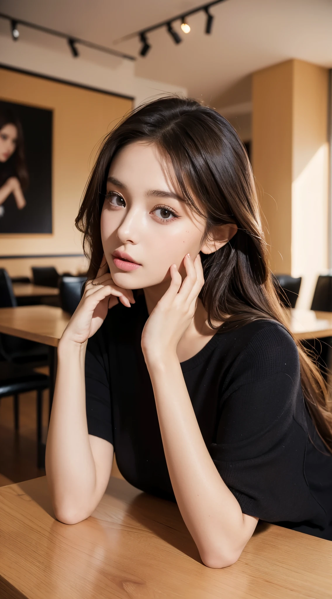 Arafed woman wearing black clothes, sexy girl,brown eyes, portrait of sophie mudd, brown hair and big eyes, Selfie of a young woman, In the café, bedroom eyes, Violet Myers, without make-up, natural makeup, looking directly at camera, face artgram, Light makeup, Stunning full body photos, in bedroom, split