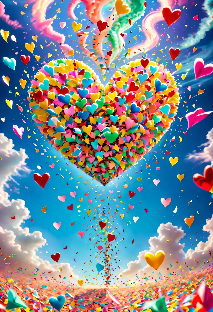 Colored confetti:1.5,Colored confetti flying in the sky,Floating confetti fills the sky,Confetti swirls and rises,hyper detailed masterpiece, Dynamic, good quality,Floating Extra Large Ethereal Colorful Heart DonMW15pXL