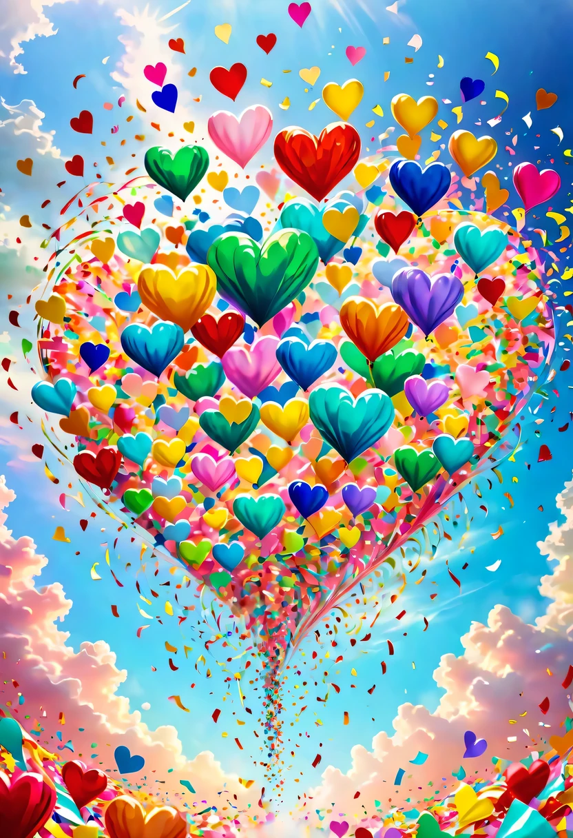 Colored confetti:1.5,Colored confetti flying in the sky,Floating confetti fills the sky,Confetti swirls and rises,hyper detailed masterpiece, Dynamic, good quality,Floating Extra Large Ethereal Colorful Heart DonMW15pXL