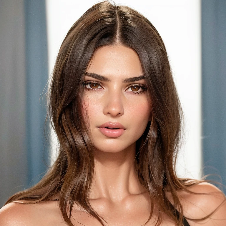 araffed image of a woman with long hair and a black dress, emily ratajkowski, portrait emily ratajkowski, center parted curtain bangs, center parted brown hair, kendall jenner, center parted bangs, olivia de bernardinis, curtain bangs, mid - length hair, shoulder-length hair, shoulder - length hair, slicked-back hair
