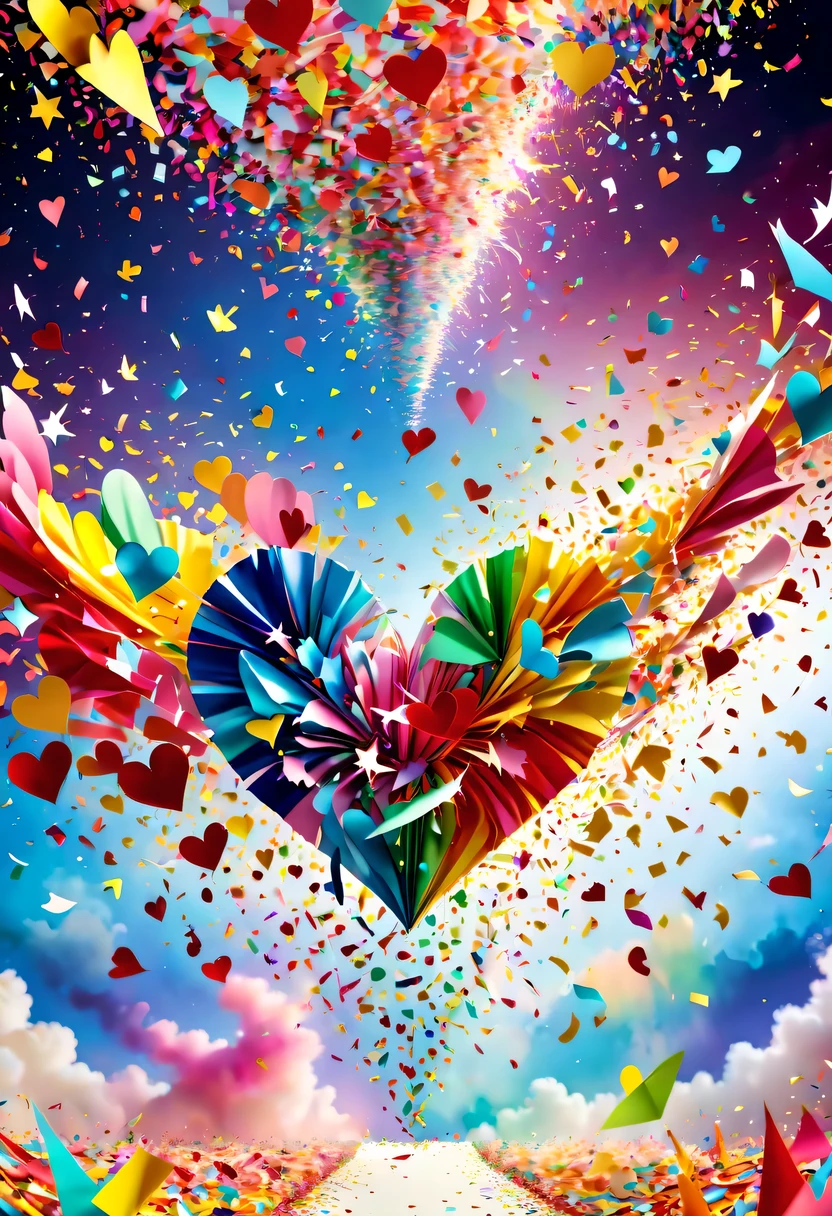 Colored confetti:1.5，Colored confetti flying in the sky，Floating confetti fills the sky，Confetti scattered on the stage，in scraps of paper，hyper detailed masterpiece, Dynamic, good quality,Floating Extra Large Ethereal Colorful Heart DonMW15pXL