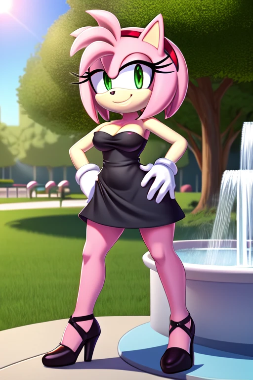 full body, Amy Rose, seductive, red hairband, medium breast, bare shoulder, little black dress, strapless dress, skin-tight dress, black high heels, daytime, park background, smile, hand on hip, standing next to a water fountain, 2D illustration