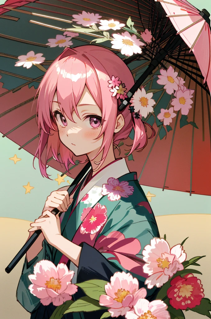 masterpiece、highest quality、High resolution。In front of a Japanese-patterned background with colorful flowers in full bloom.、A girl with pink hair dressed up。Wearing hair ornaments。Otome、Star Katyusha、Shiny eyes、Holding a parasol
