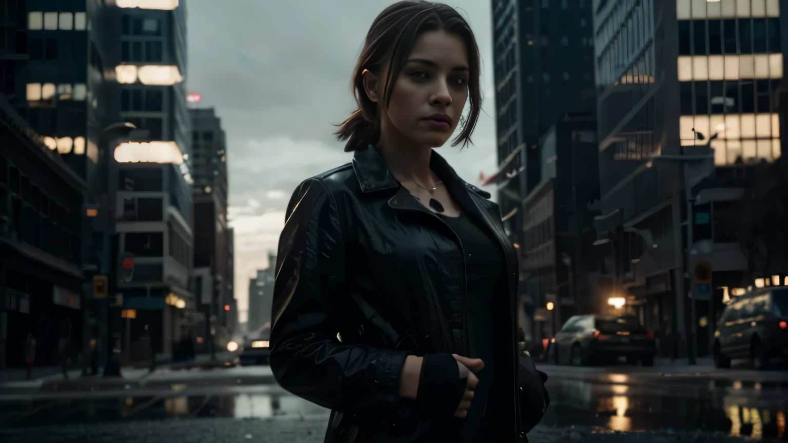 Harper reflecting on her actions, standing in the aftermath, with the cityscape in the background undergoing a subtle change, Mystery, Detective style, Super realistic, ultra HD, high resonant, cinematic, 8k, high detailed, detailed faces,