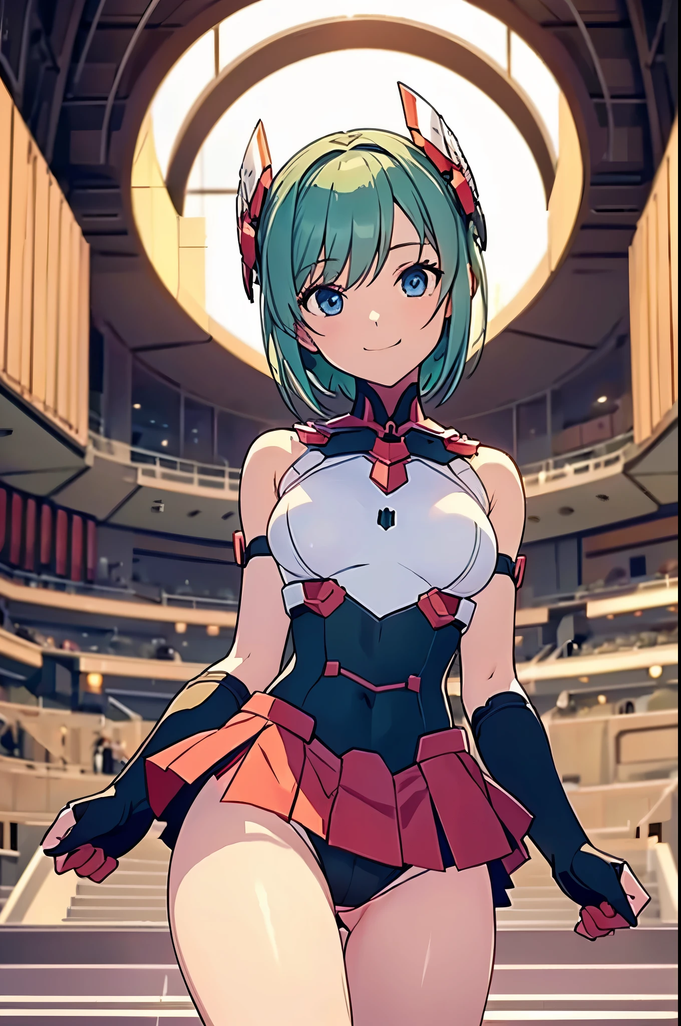 Girl seen from the floor, It's okay to wear a skirt, red skirt, View from below, I can see my panties, small breasts, ((Very detailed)), (Perfectly detailed face),smiling, short hair, Green Hair, blue eyes, mecha headgear, elbow gloves, (Highly detailed hands), Photorealistic images,White panty,up skirt,Lace panties,Not looking at the camera,Thin panties, cute girl