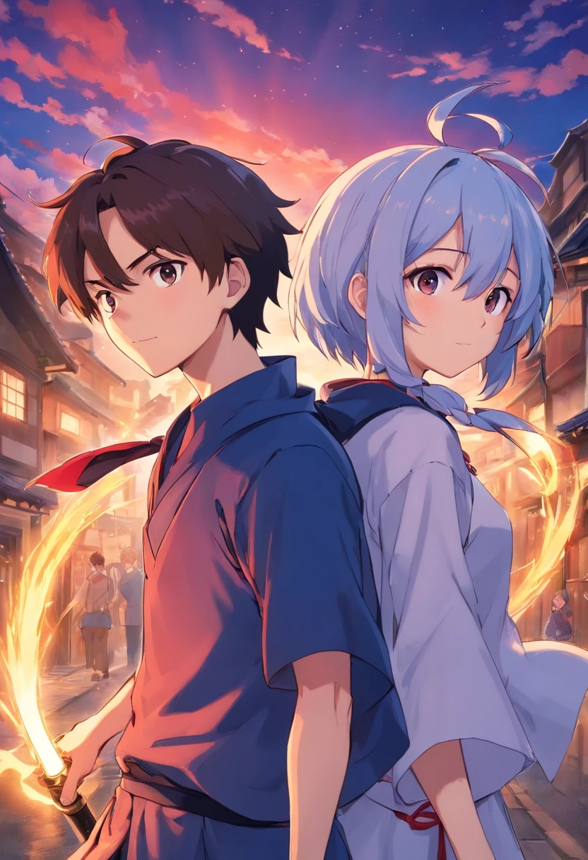 Pareja de anime con espada y ropa en el viento, yandere, por Kanamoto Village, yandere. Takao, Gapmoe yandere, cerochan Art, Shingei, cerochan, fanwork de alta calidad inspirado en Masanobu Okumura, estilo animado, Japanese estilo animado, ellos son hermanos, estilo animados such as Fate/stay night, shota, En
