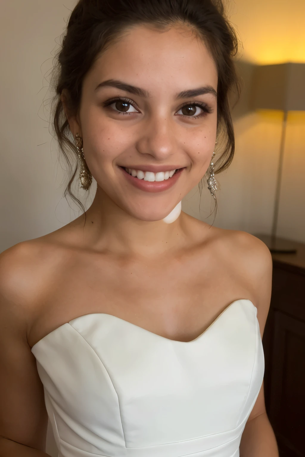hermosa mujer de apariencia promedio, sonriente, Dientes blancos, vestido, (mirando a la camara:1.4), (of the highest quality), (mejor sombra), detalles intrincados, interior, pelirrojo:1.3, estudio oscuro, Colores apagados, pecas