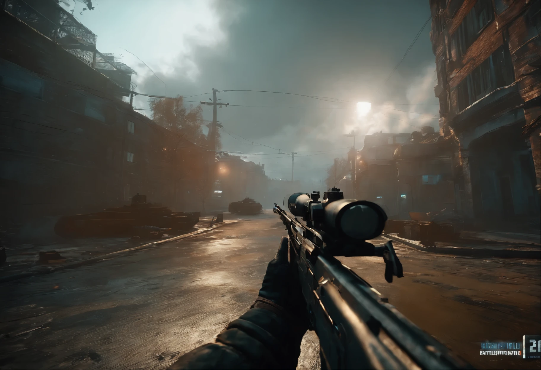 Russia, Cyberpunk style, with name "Battlefield 3", POV of first person shootet, FPS game