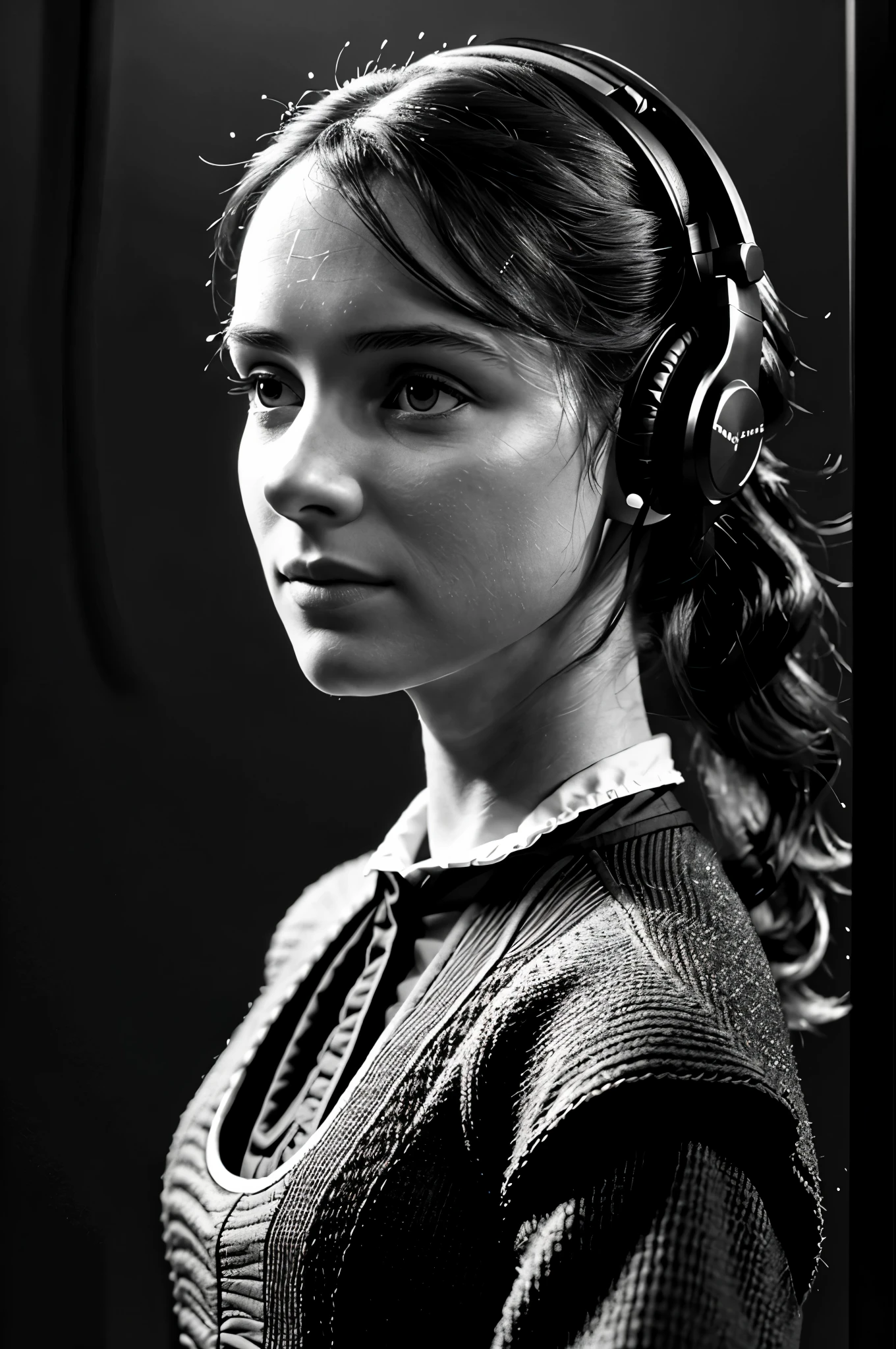 Jane Eyre with headphones, natural skin texture, 24mm, 4k texture, Soft movie lighting, Adobe lamp room, photography studio, human development report, complex, elegant, Very detailed, sharp focus, ((((like appearance)))), soothing tone, Crazy details, complex details, Super detailed, low contrast, soft light, dull color, exposure blending, human development report, faded