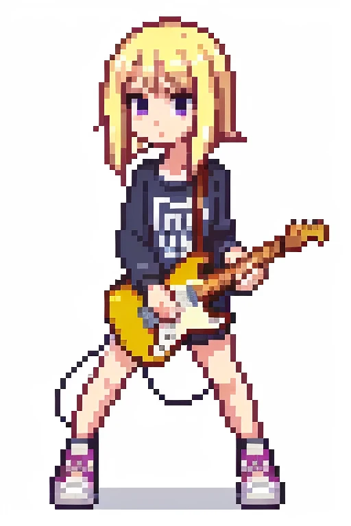 1 girl, blonde,whole body, Pixel World, No background、holding electric guitar、wear sneakers