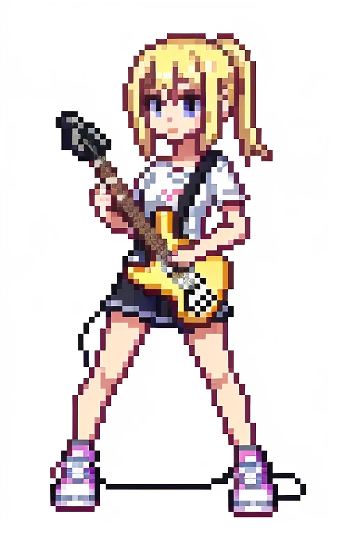 1 girl, blonde,whole body, Pixel World, No background、holding electric guitar、wear sneakers