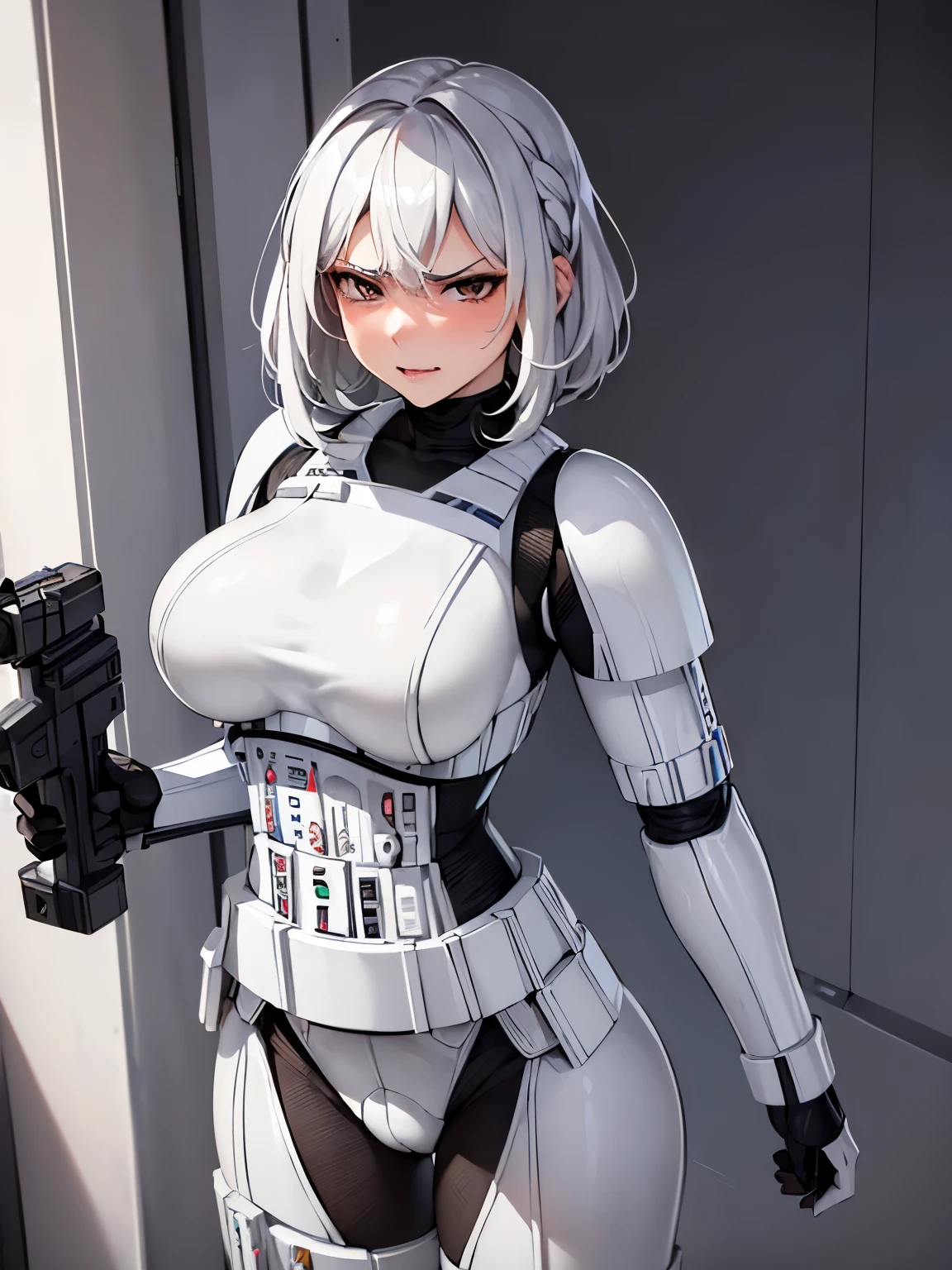 (((1girl))), ((unordentliche Frisur)), ((Meisterwerk)), (Sehr detailliert), ((stormtrooper armor)), star wars optik, star wars, trooper, trooper maske, stehend, um ein Foto zu machen, (((white hair)), abnormally large breasts, comically large , Sommersprossen im Gesicht, dominanter Gesichtsausdruck, angry face, dominant woman, femdom, abusive look on face, dirty smile, bad intentions,wide hips, vollbusige Figur, Seidig glatte Haut, shiny skin, thin waist, schmale Taille
