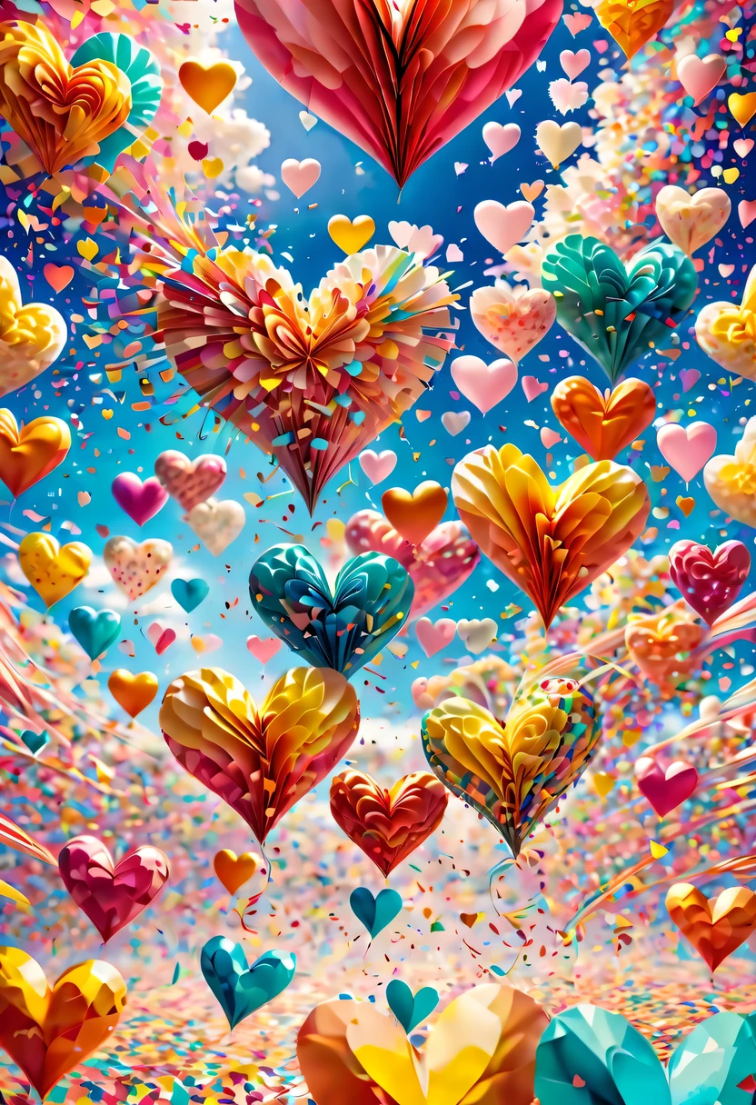 Colored confetti:1.5，Colored confetti flying in the sky，Floating confetti fills the sky，in scraps of paper，hyper detailed masterpiece, Dynamic, good quality,Floating Extra Large Ethereal Colorful Heart DonMW15pXL