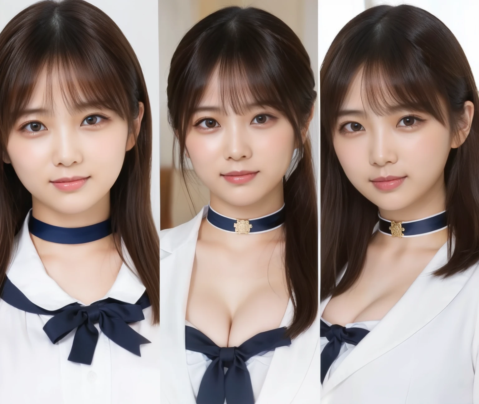 highest quality、masterpiece、photorealistic stick、professional lighting、detailed face、detailed eyes、beautiful girl、Young Woman Trio, big breasts女性トリオ、oriental, Idol, beauty, 19 years old, school uniform, smile、(big breasts:1.8、You can see beautiful cleavage、put on a choker、random hairstyle)、(random facial expressions)