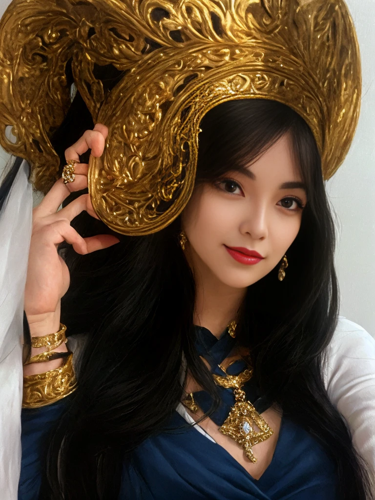 a woman in a blue dress and gold jewelry posing next to a pole, arabian princess, inspired by Magali Villeneuve, extremely detailed artgerm, in style of artgerm, artgerm. anime illustration, karol bak uhd, hyperrealistic fantasy art, realistic fantasy illustration, artgerm on artstation pixiv, ig model | artgerm