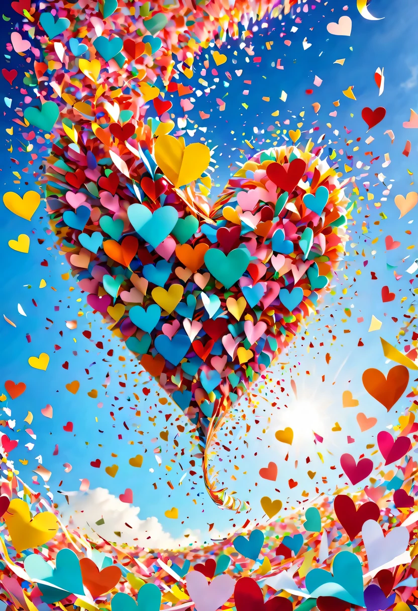 Colored confetti:1.5,Colored confetti flying in the sky,Floating confetti fills the sky,in scraps of paper,hyper detailed masterpiece, Dynamic, good quality,Floating Extra Large Ethereal Colorful Heart DonMW15pXL