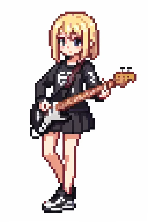 1 girl, blonde,whole body, Pixel World, No background、holding a black electric guitar、wear sneakers