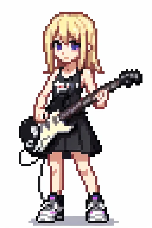 1 girl, blonde,whole body, Pixel World, No background、holding a black electric guitar、wear sneakers