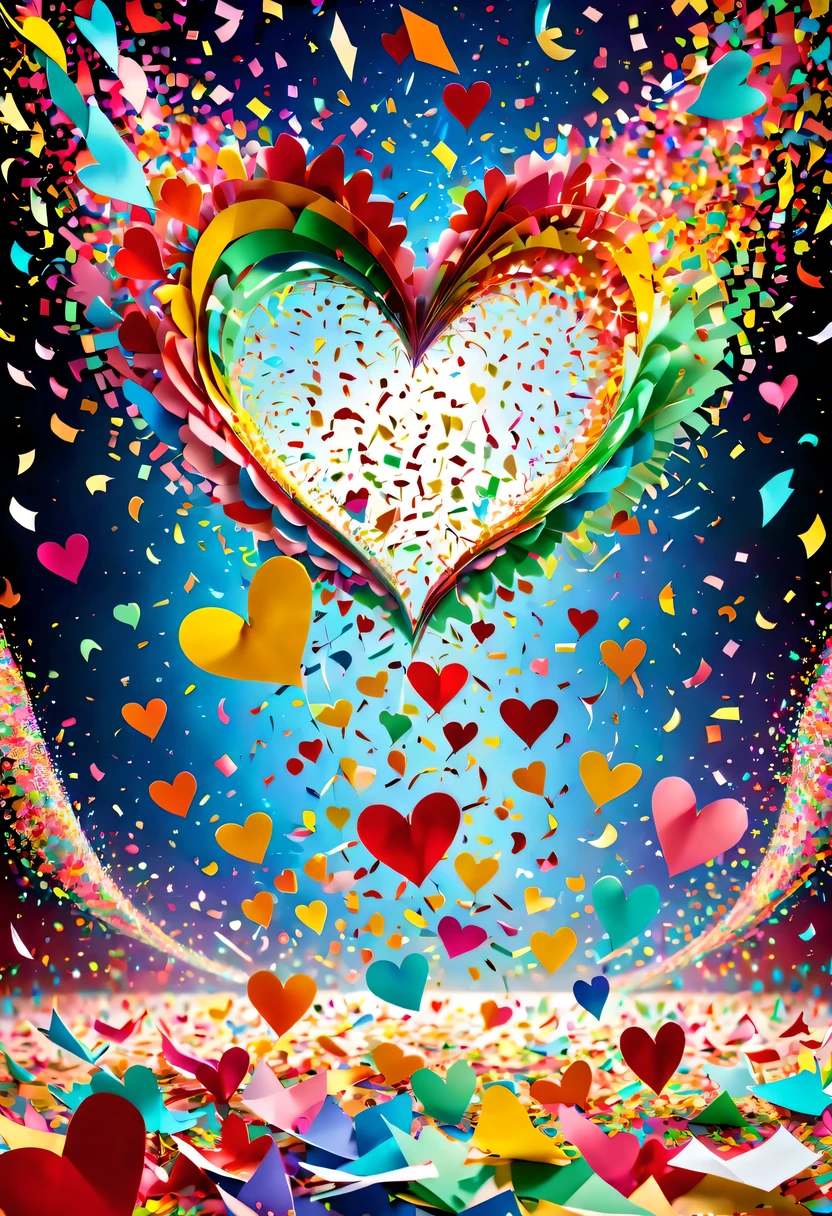 Colored confetti:1.5，Colored confetti flying in the sky，Floating confetti fills the sky，Confetti scattered on the stage，in scraps of paper，hyper detailed masterpiece, Dynamic, good quality,Floating Extra Large Ethereal Colorful Heart DonMW15pXL