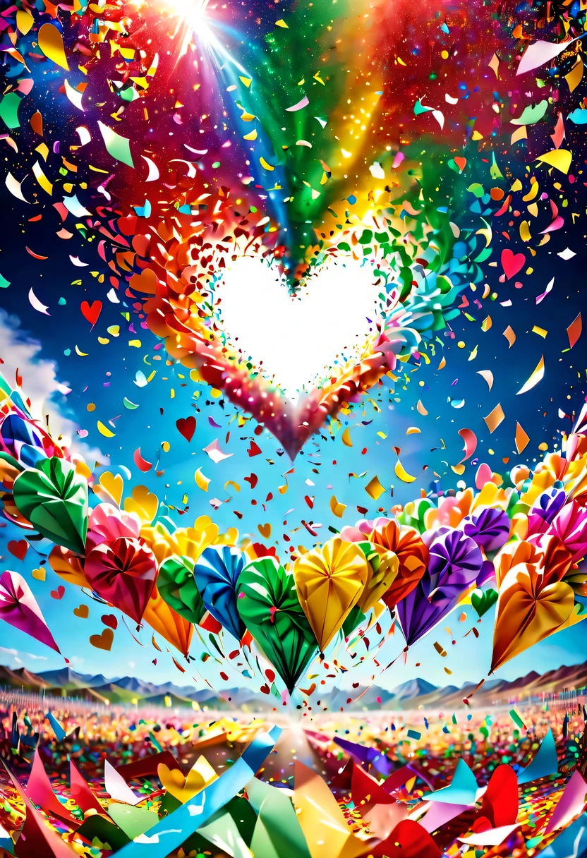 Colored confetti:1.5，Colored confetti flying in the sky，Floating confetti fills the sky，Confetti scattered on the stage，in scraps of paper，hyper detailed masterpiece, Dynamic, good quality,Floating Extra Large Ethereal Colorful Heart DonMW15pXL