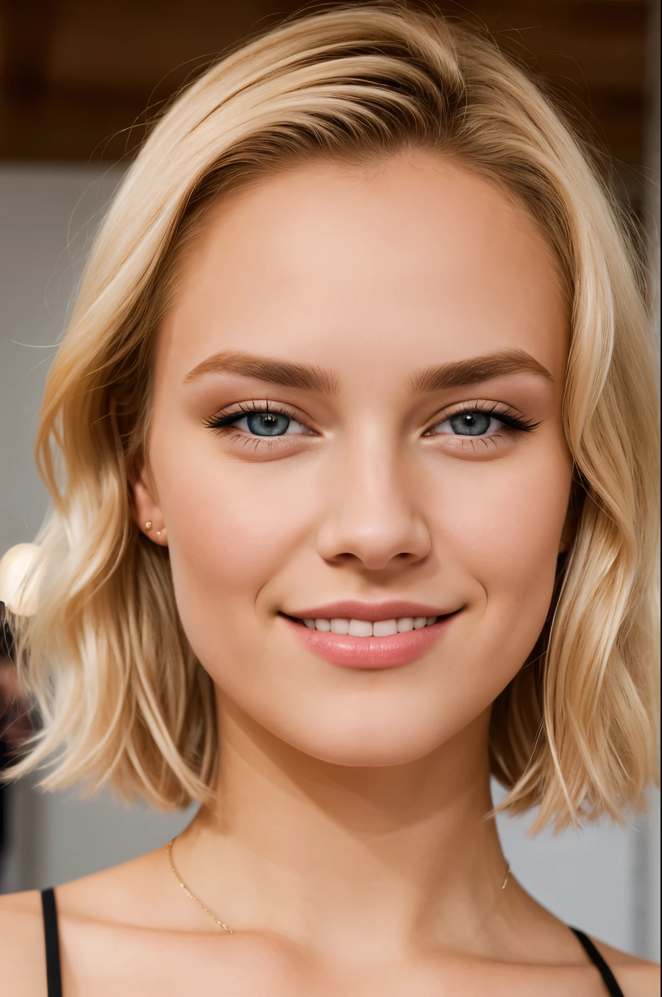 21 year old Scandinavian glamor model, delicate eyes, eyelash, forehead, short hair, blonde hair, looking at the audience, Smile