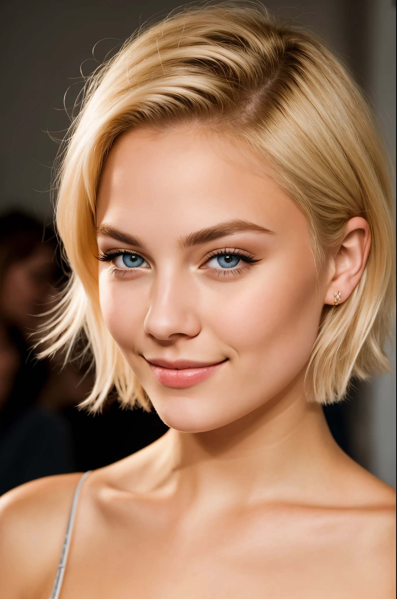 blonde woman with green eyes posing for a picture, blonde short hair, blonde and attractive features, short blonde hair, short blond hair, blonde hair and green eyes, blonde hair green eyes, short wavy blond hair, a gorgeous blonde, short curly blonde haired girl, a girl with blonde hair, short hair with gel, beautiful face and flawless skin. Bare shoulders, bare neck. Naked, nude. ((Small breasts, b cup breasts, small nipples)). Cleavage, navel.
