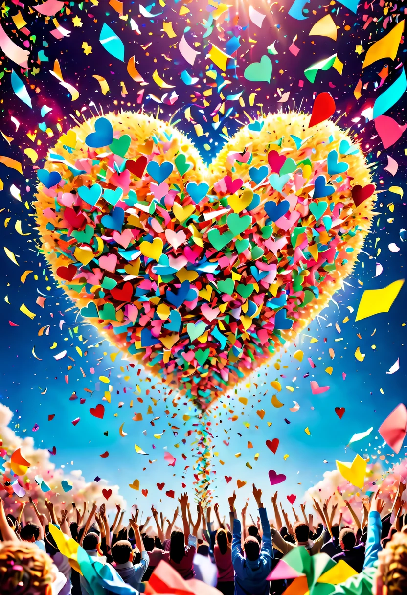 Colored confetti:1.5,Colored confetti flying in the sky,Floating confetti fills the sky,Confetti scattered on the stage,in scraps of paper,hyper detailed masterpiece, Dynamic, good quality,Floating Extra Large Ethereal Colorful Heart DonMW15pXL