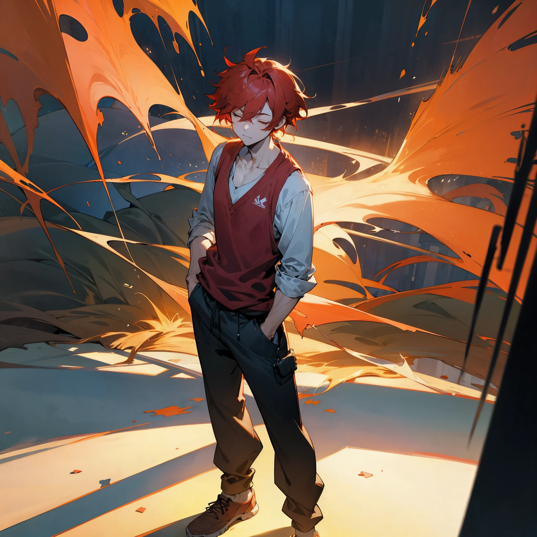 1male, teen, messy red hair with black highlights, closed eyes, body scars, posing with hands in pockets, loose v neck shirt with sleeves rolled up, suit vest, loose baggy jogging pants, best lighting and shadows, night time big city, tokyo