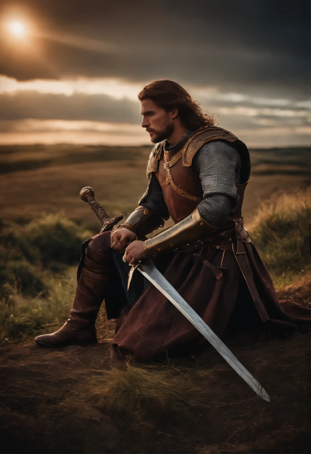 criar para mim uma imagem de um homem em armadura medieval, He is on his knees and has his sword stuck in the ground