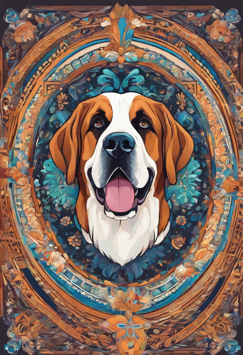 Painting in bright colors of a mandala with a simple and cute Saint Bernard dog motif